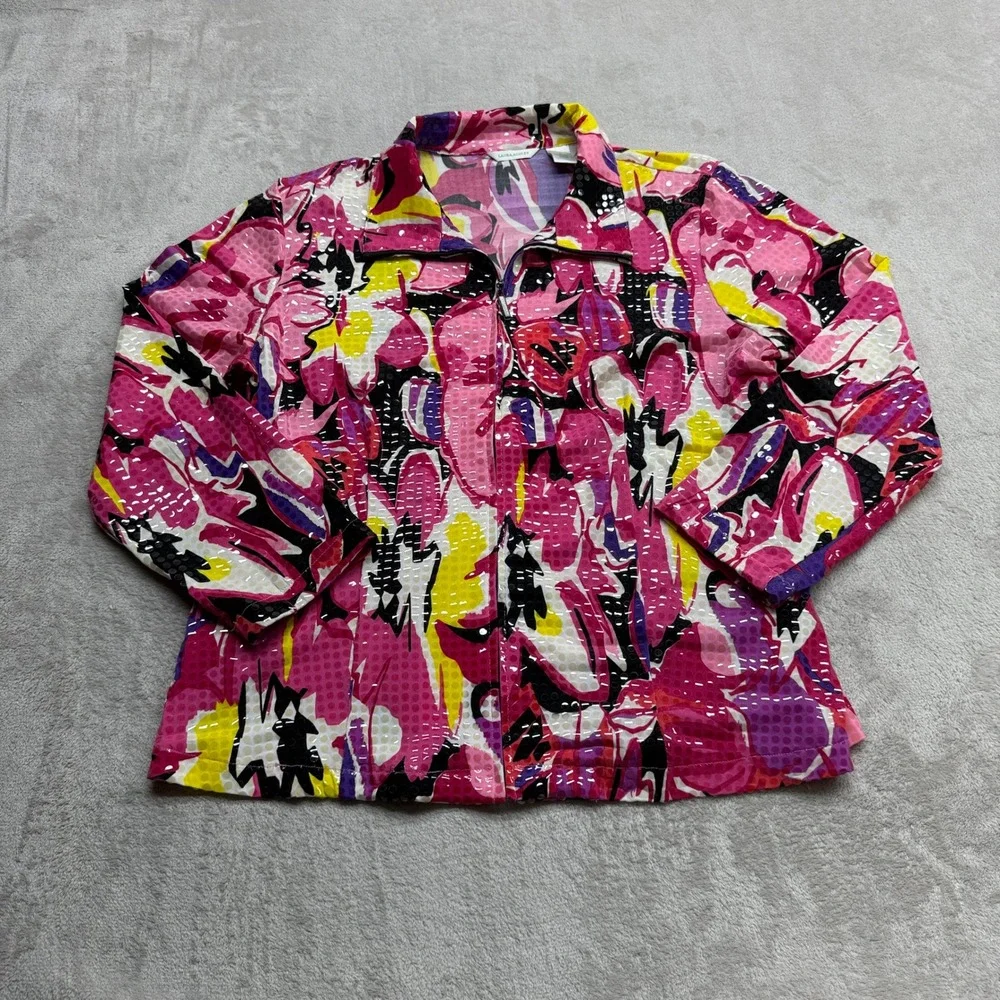 Laura Ashley Zip Up Jacket Women's Large Pink Abstract Floral Textured Stretch